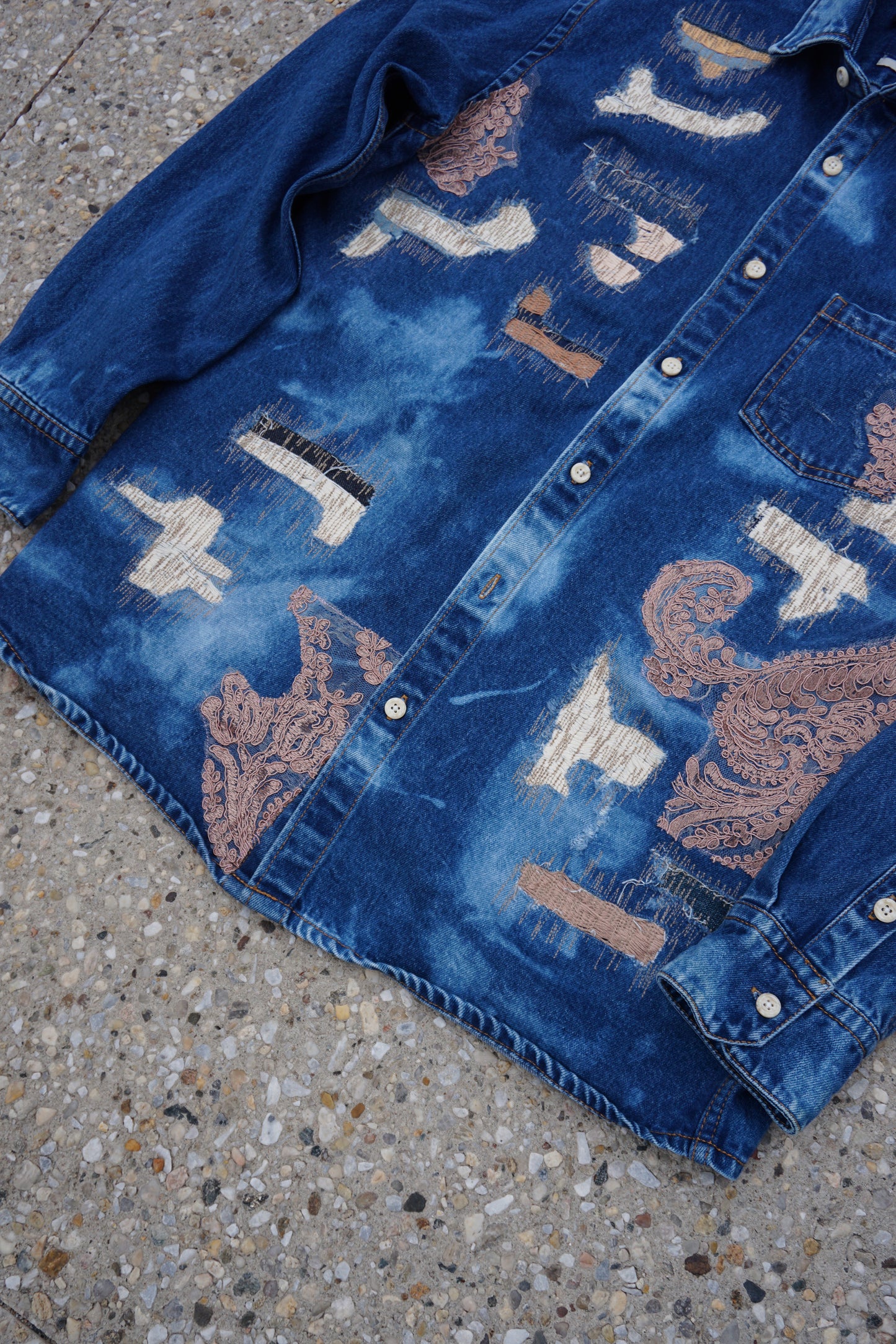Rose Lace Distressed Denim Jersey
