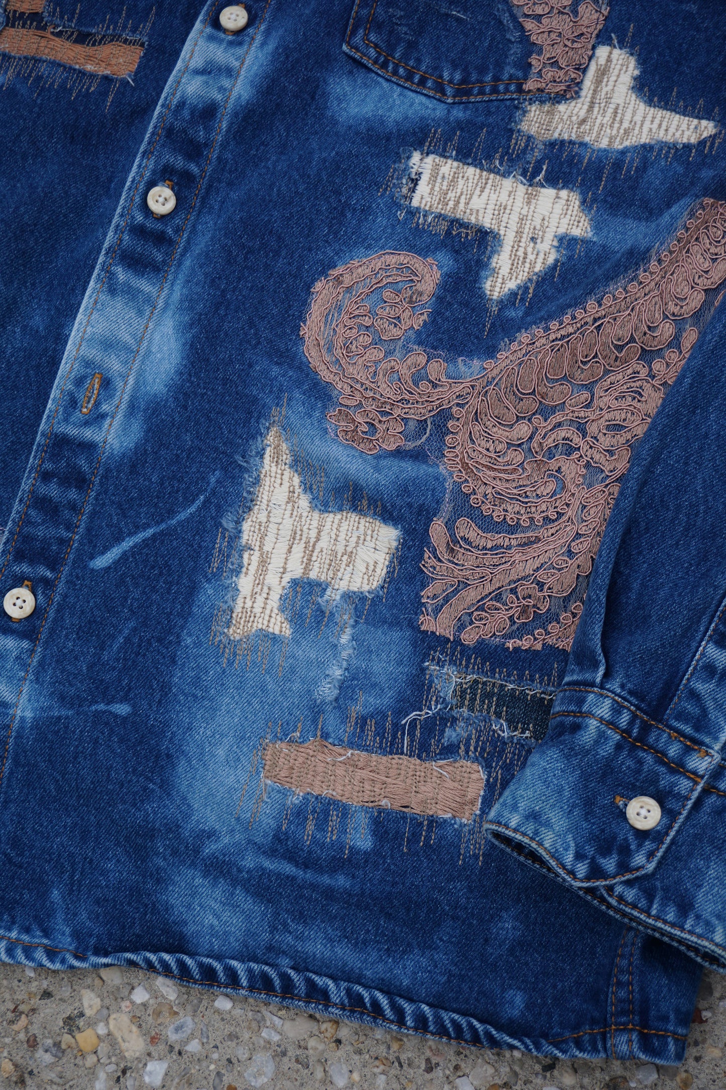 Rose Lace Distressed Denim Jersey